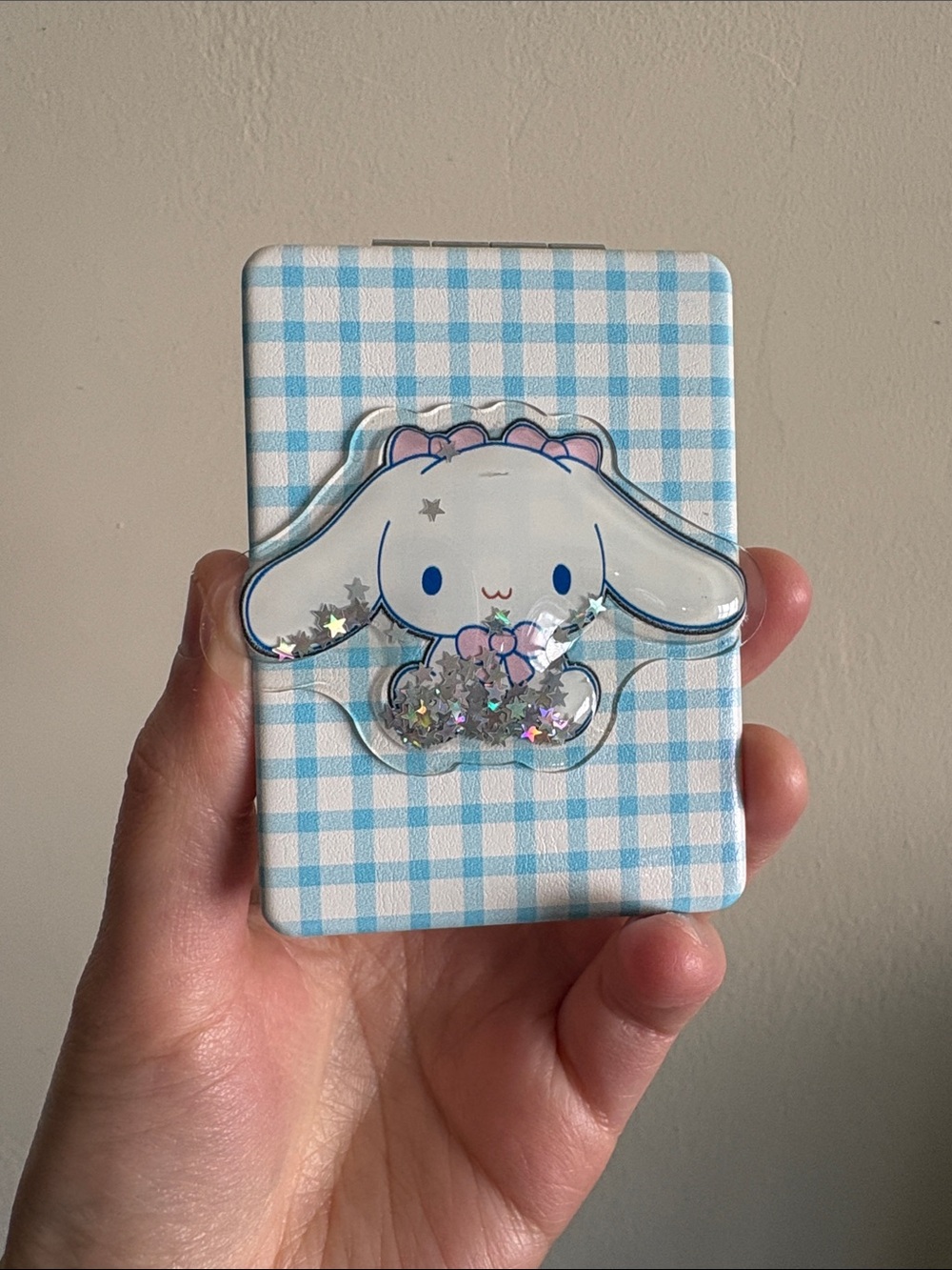 Small Cinnamoroll Puppy Blue Checkered Compact Mirror with Glitter